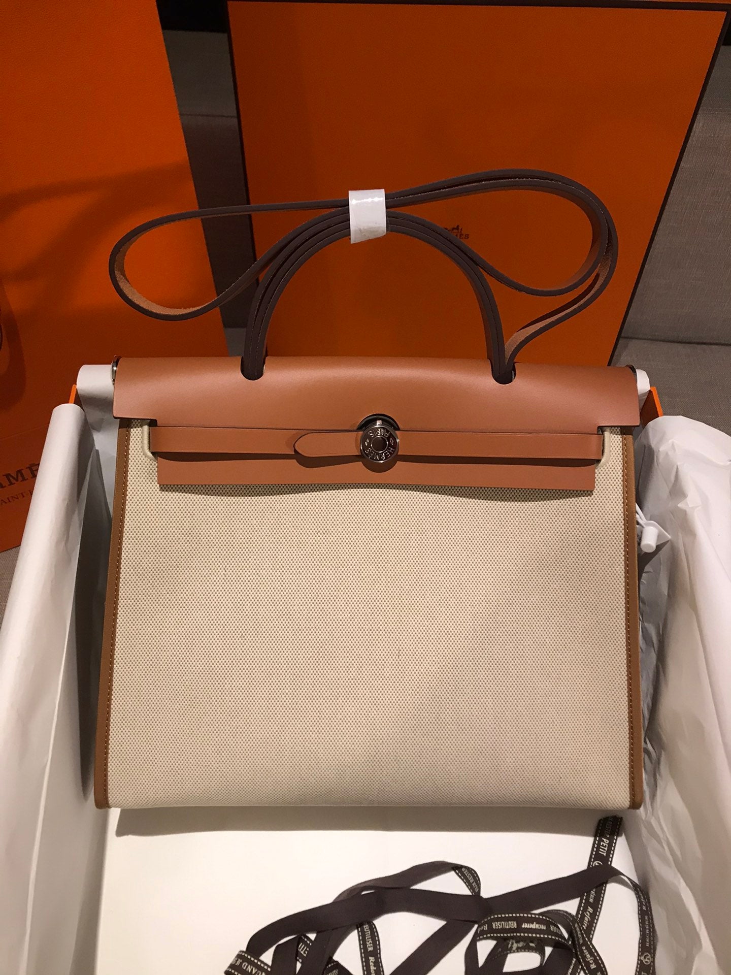 ** Hermes Herbag 31cm Semi-Handmade Tote - Apricot & Brown

**