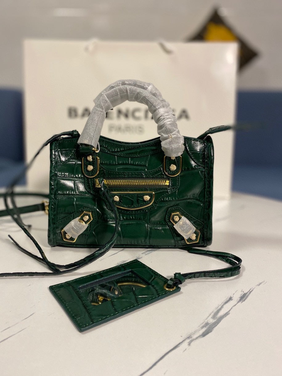 ** Balenciaga Classic Crocodile Pattern Motorcycle Bag in Green

**
