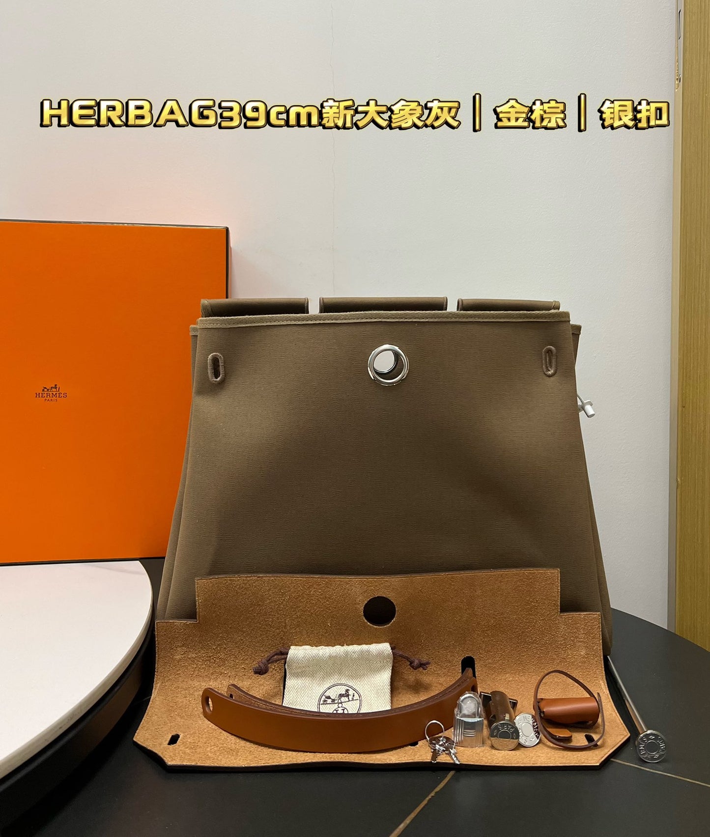 ** Elephant Gray Herbag 39cm - Elegant Designer Bag with Silver Buckle

**