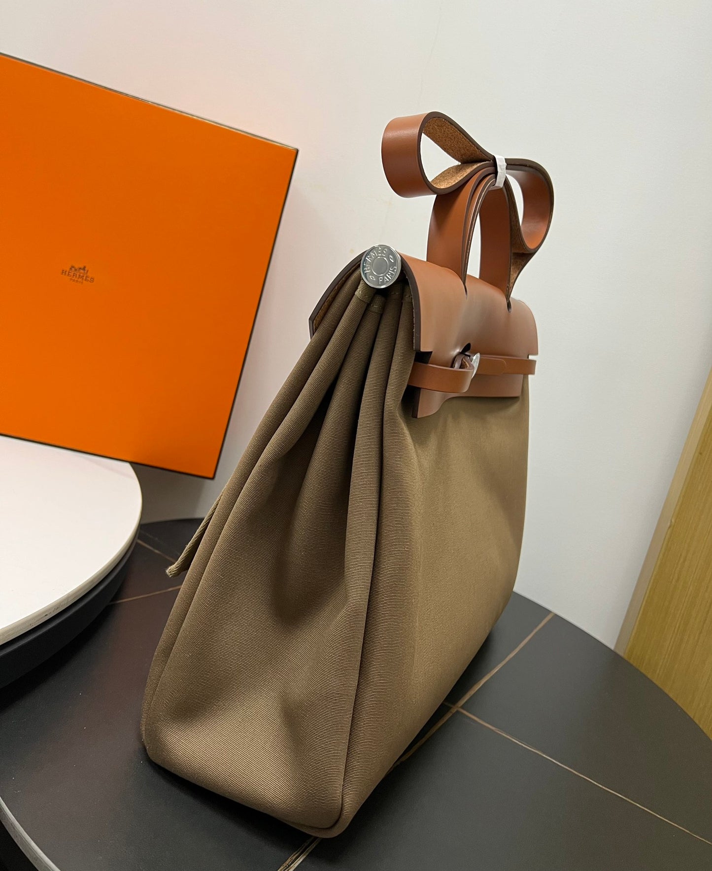 ** Elephant Gray Herbag 39cm - Elegant Designer Bag with Silver Buckle

**