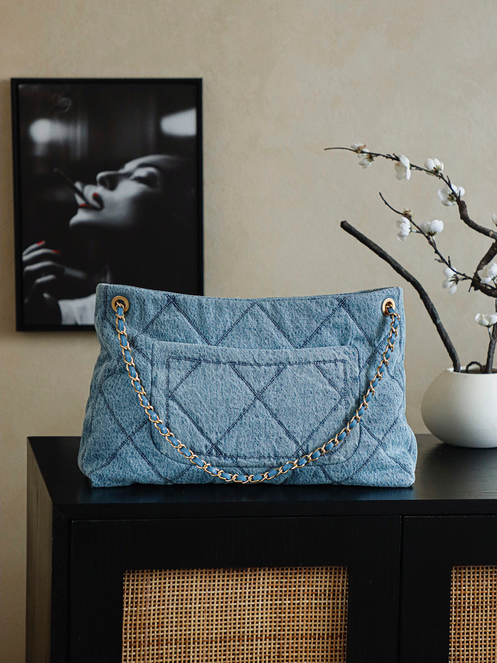 ** Chic Blue Denim Hobo Bag with Classic Pattern

**