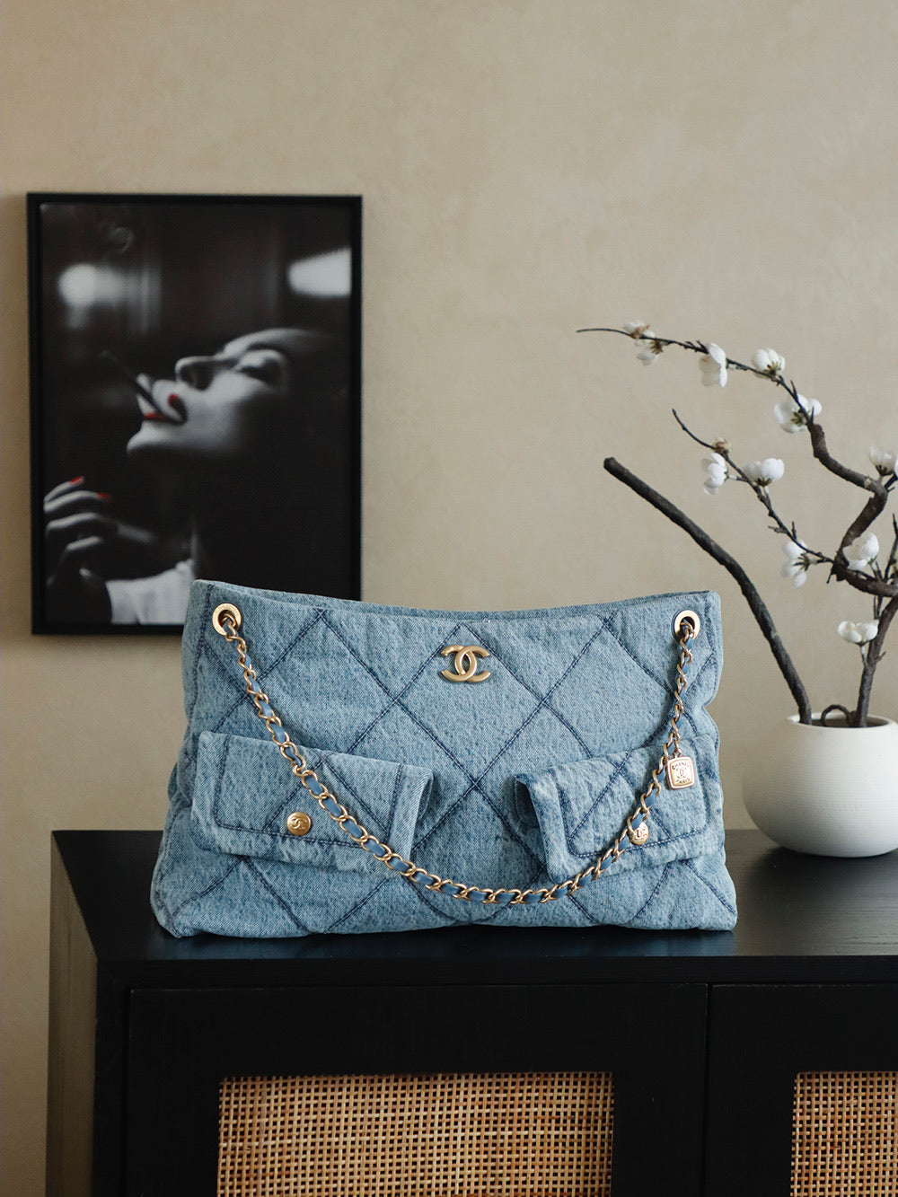 ** Chic Blue Denim Hobo Bag with Classic Pattern

**