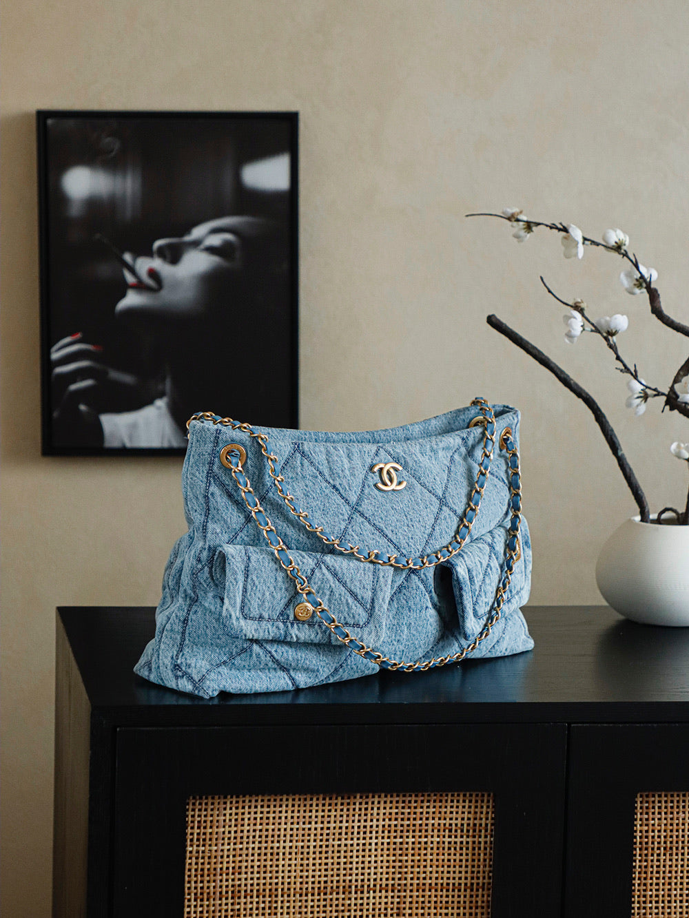 ** Chic Blue Denim Hobo Bag with Classic Pattern

**