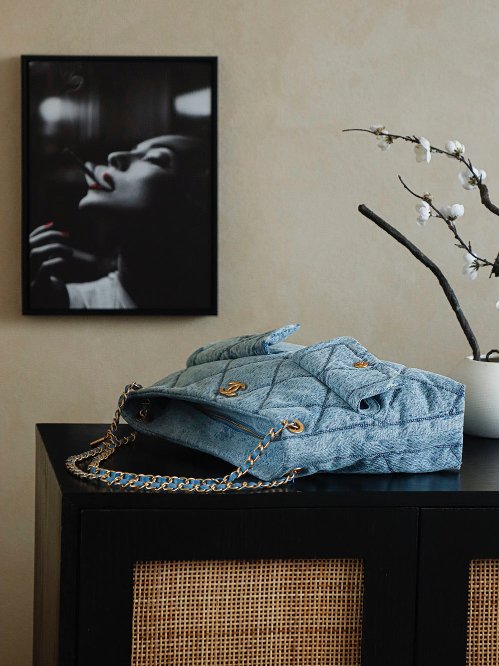 ** Chic Blue Denim Hobo Bag with Classic Pattern

**